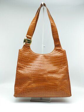 Salvatore Ferragamo Brown Croc Embossed Leather Shoulder Tote Bag Gold Gancini